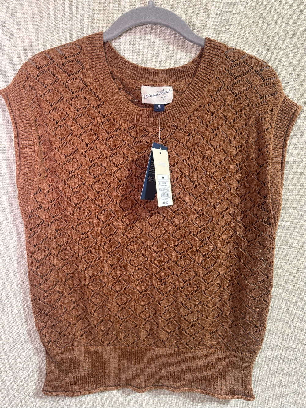 Universal Thread Women's Cap Sleeve Pointelle  Crewneck Pullover Sweater- Brown
